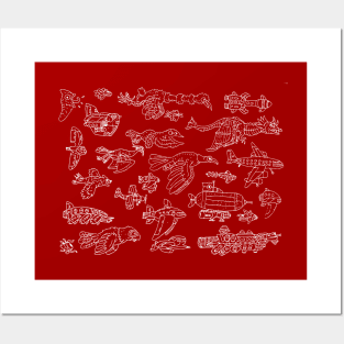 cute red pattern with spaceships and birds. Posters and Art